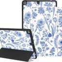 Case for iPad 9th/8th/7th Generation 2021/2020/2019 10.2 inch, Protective Slim Case with Pencil Holder, Auto Wake/Sleep Smart Cute Girly Cover 9th/8th/7th Gen for Women Girls, Blue Plant