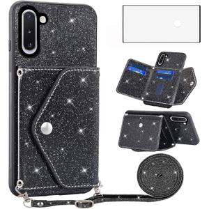 Asuwish Phone Case for Samsung Galaxy Note 10 5G Wallet Cover with Tempered Glass Screen Protector and Crossbody Strap Lanyard Bling Glitter Credit Card Holder Note10 Notes 10s Ten Not S10 Black