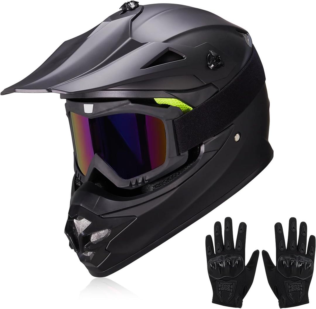 Youth Kids Dirt Bike Helmets Motocross Offroad ATV BMX MX Dirtbike Motorcycle Helmet J-01 with Goggles and Gloves DOT Approved, XL