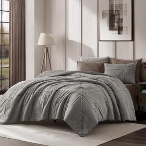 Wonderful Black Grey Comforter Set King Size Cotton Bedding Set, Yarn-Dye Weaved, Slub Textured Jacquard, Hotel Style, Geometric Raw Edge Sticker Lightweight Comforter with Pillowshams for All Season