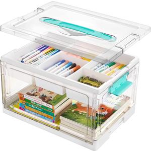 Vtopmart 24 QT Clear Plastic Craft Organizer with Removable Trays and Dividers, Storage Box for Coloring Books, Modeling Clay, Molds and Art Supplies, 1 Pack