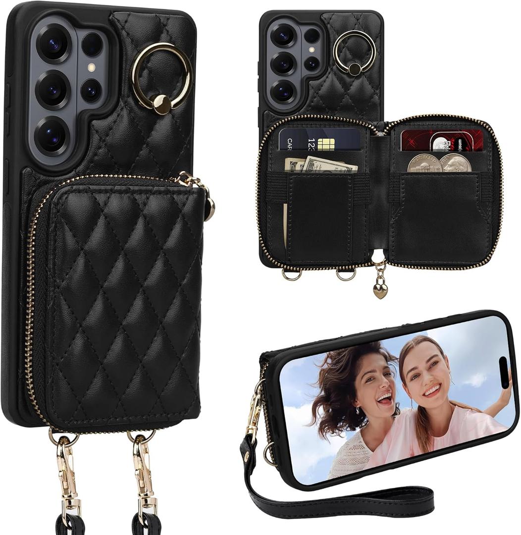 Case for Samsung Galaxy S26 Ultra 6.9'' Wallet Case,Crossbody Zipper Purse Wrist Strap Lanyard Handbag,RFID Blocking Card Slots,Flip Leather Cover for Samsung S26 Ultra,Black
