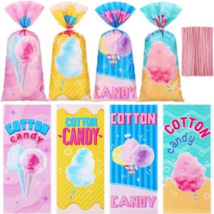 Karenhi 100 Pcs Cotton Candy Bags with Ties 10.8 x 5 Inch Carnival Cotton Candy Cones Treat Snacks Cellophane Bags Gift Wrapping Supplies for Circus Carnival Birthday Party Favor