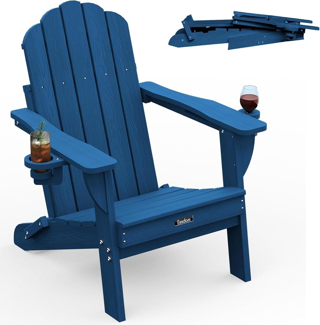 Folding Adirondack Chair, HDPE Adirondack Chair with 2 Cup Holders, Pre-Assembled Outdoor Chairs for Patio, Garden, Poolside, NavyBlue
