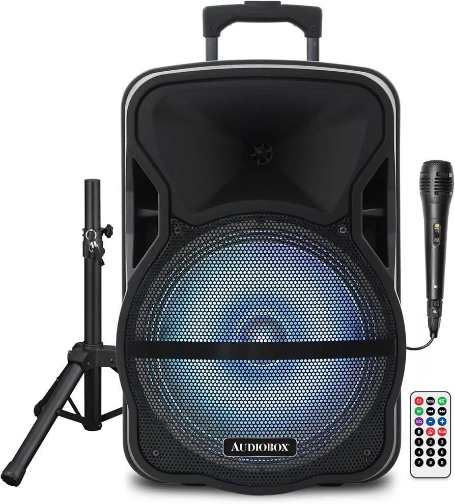 ABX-12S 12" Portable Bluetooth PA Speaker w/Stand & Mic, USB, TF, FM, AUX, 1/4" Mic Jack, Rechargeable Battery, Trolley Handle & Wheels, Perfect for DJ, Parties, & Events
