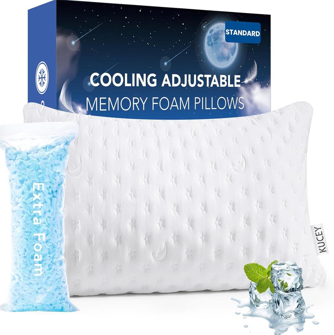 Cooling Side Sleeper Pillow for Neck and Shoulder Pain, Luxury Shredded Memory Foam Bed Pillows for Sleeping Set of 1- Adjustable Travel Pillow Size- Washable Cover White