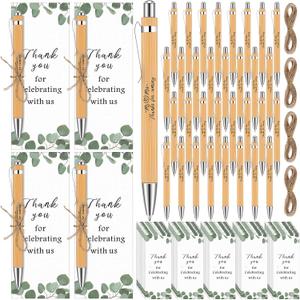 Yeaqee 104 Pcs Wedding Thank You Gifts Include 50 Wedding Bamboo Retractable Ballpoint Pens Wooden Black Ink Bridal Shower Pens 50 Greenery Bookmark Cards and 4 Twines for Party Favor Supplies