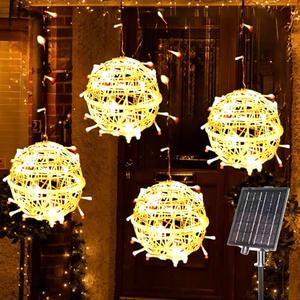 WISEgham Christmas Solar String Lights Outdoor, 4Pc 160LED 29.5ft Solar Powered Globe Fairy Lights Waterproof, 8 Modes Ball Lights Outside for Tree Garden Yard Porch Lawn Holiday Decor, Warm White