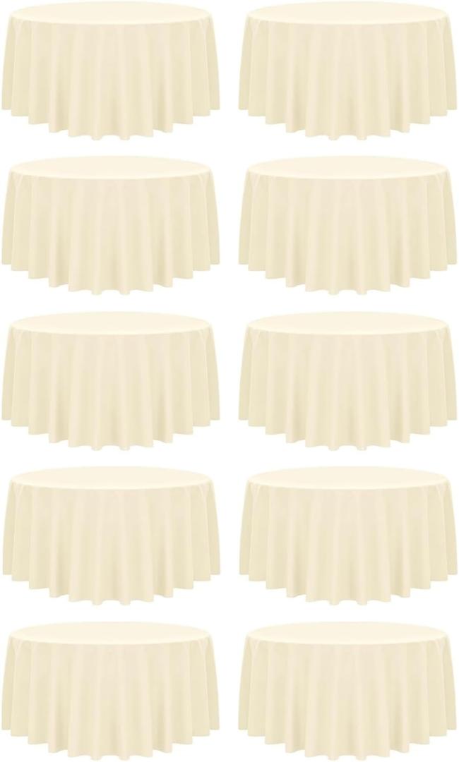10 Pack Beige Tablecloth 120 inch Polyester Fabric Tablecloth Wrinkle Resistant Table Cloths for Tables Washable Table Cloth Round Cover for Wedding Party Banquet (10 Pack - 120 Inch Round, Ivory)