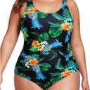 Daci Women Plus Size One Piece Swimsuit Athletic Tummy Control Ruched Bathing Suit with U-Back (XX-Large, Black Pineapple)