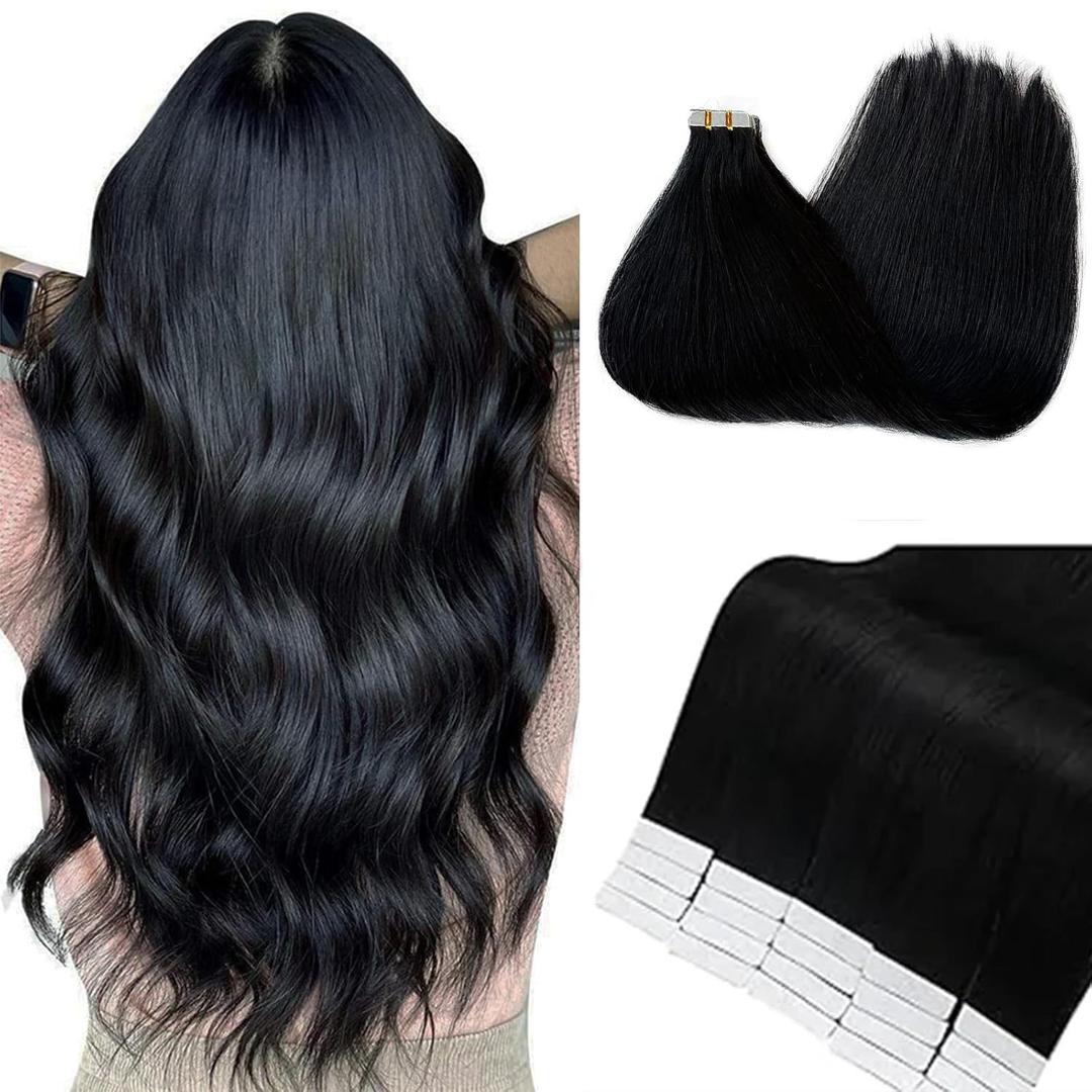 Munx 18inch Black Tape In Hair Extension Real Human Hair 20pcs 40g/Pack Silky Straight Natural Black #1 Tape In Hair Extensions (18 Inch, #Natural Black-Straight)
