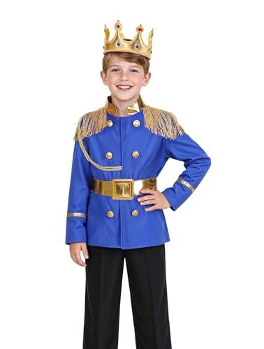 Dormstop Boys Prince Charming Costume Kids Royal Prince Dress Up for Cosplay Fairytale Ball Halloween Birthday Party Outfit (Blue, 7-8 Years)