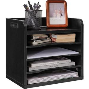 YMYNY Desktop File Organizer with Handle, Document Letter Mail Tray Sorter featuring 3 Adjustable Shelves, 5-Tier Paper Holder for School, Home, or Office Desk, Black, 13.4 x 12.4 x 9.06" UHBC006B (Black)