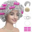 Cupohus Old Lady Costume Set Grandma Wig 100 Days of School Costume Madea Granny Glasses Eyeglass Chains Cords Faux Pearl Bead Necklace Old Lady Cosplay Set (Silver White Afro with Hair Rollers)