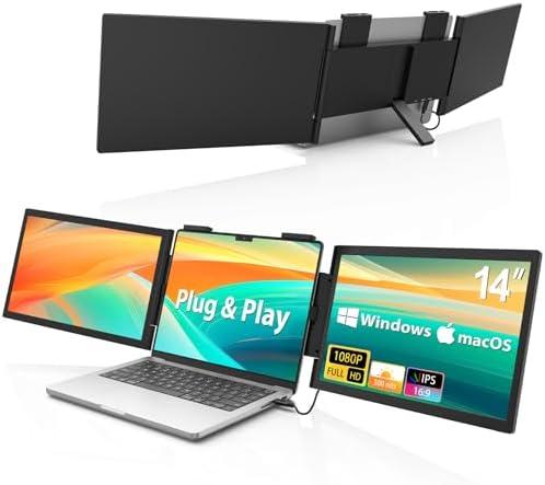 HotYeah Triple Laptop Screen Extender, (Windows & Mac) 14" 1080P Dual Portable Extended Monitor, USB-C Travel Display w/Kickstand, Tri Screen Monitor for 14-16" Laptop, Plug and Play