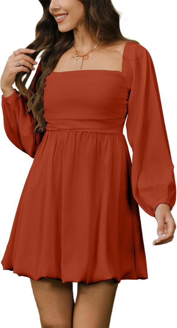 HYPERFIRE Women's Square Neck Long Sleeve Bubble Mini Dress Pleated Smocked A Line Wedding Dresses