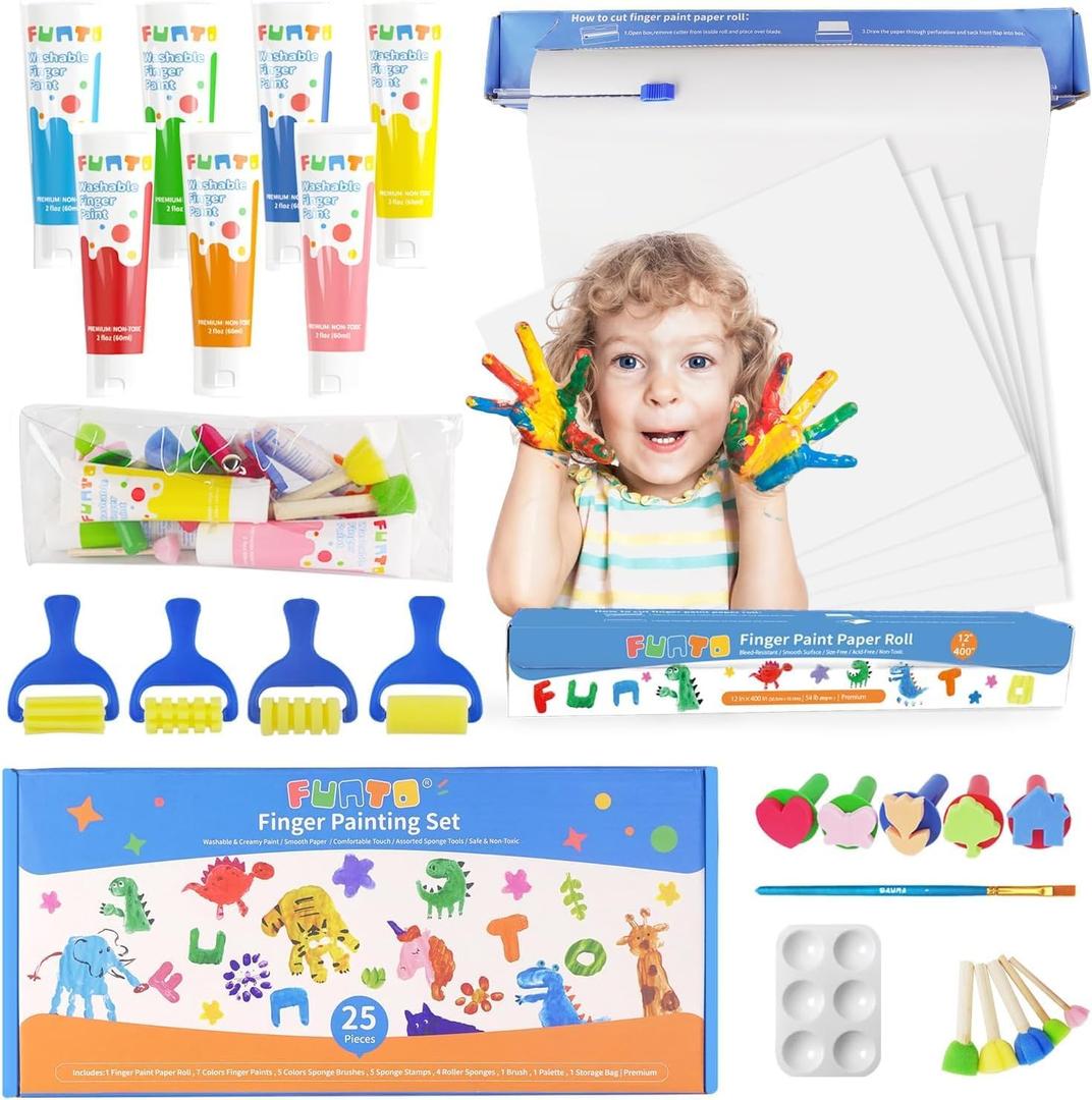 Funto Kids Washable Finger Paint Set, 25 PCS Non Toxic Art Painting Supplies for Baby, Includes Finger Paint Paper Roll, Brush Set, Arts Crafts for Toddlers Age 1-3