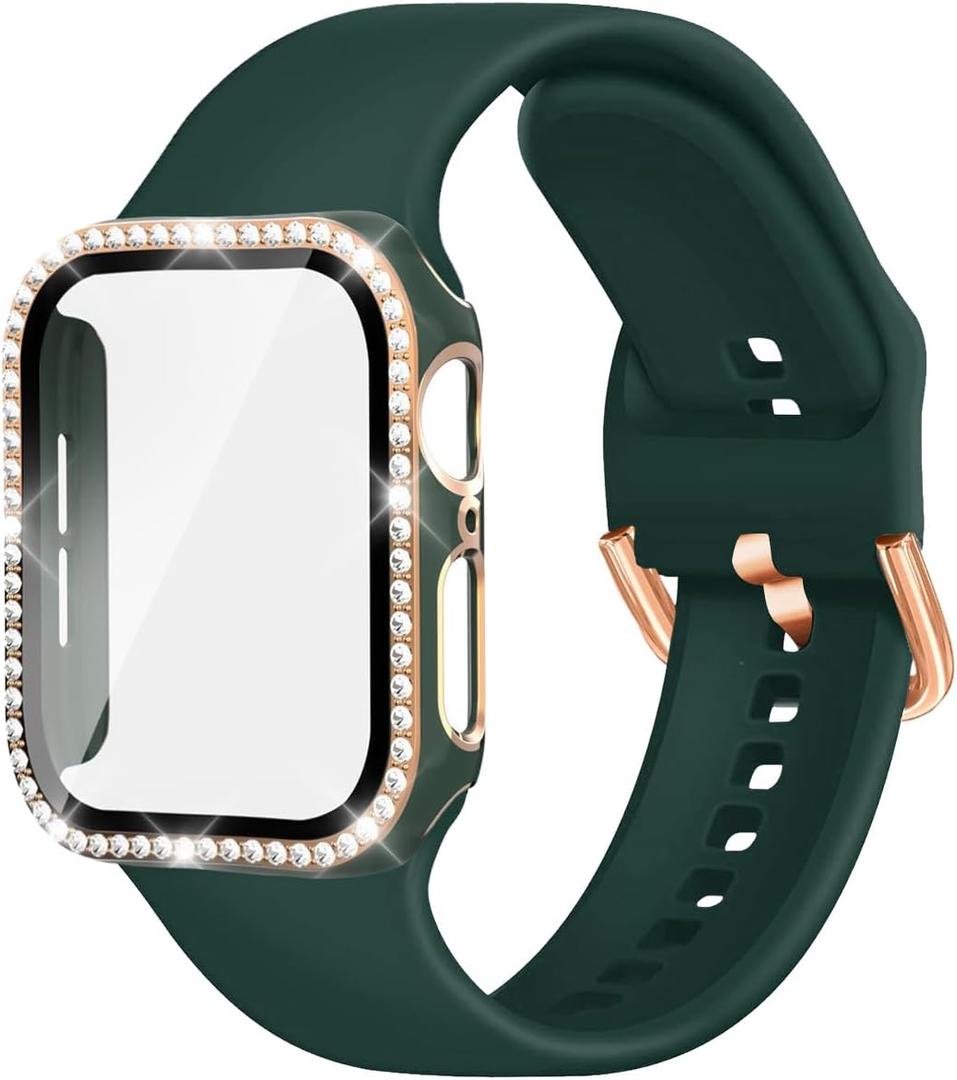 Compatible with Apple Watch Band and Case 38mm 40mm 41mm 42mm 44mm 45mm Women, Soft Silicone Bands and Bling Diamond Case & Glass Screen Protector for iWatch Series 9 8 7 6 5 4 3 2 1 and SE