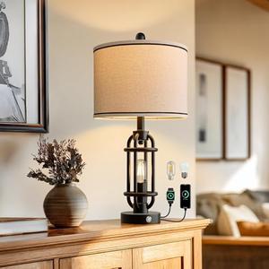 G-SAFAVA 24'' Table Lamps for Living Room Bedroom Industrial Touch Lamp with USB A+C Ports, Night Light Farmhouse Vintage Nightstand Bedside Lamps for Night Stands Metal Black, Bulbs Included