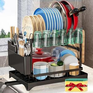 XLMYS Dish Drying Rack, 2 Tier Large Dish Drying Rack for Kitchen Counter with Drainboard Stainless Steel Dish Drainer for Dish/Knifes/Cup/Cutting Board, Black