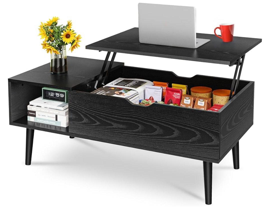 OLIXIS Wooden Coffee Table, Lift Top Coffee Table with Large Hidden Compartment and Ample Storage Shelf, Lift Tabletop Dining Table for Living Room, Home Small Space, Charcoal
