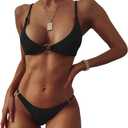 ZAFUL Women's Ribbed O-Ring String Bikini Swimsuit Cheeky Thong Swimwear Two Pieces Bathing Suit (Large, Black)