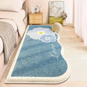 AIMECO Soft Flower Bedside Rugs for Girls Bedroom,Kid & Pet Friendly 2X6 Ft Washable Non Slip Carpet, Floral Print Mat, Fluffy Shag Throw Area Rug for Kitchen, Laundry, Cute Daisy Blue
