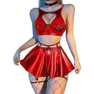 Lilosy Sexy Stocking Chocker Strappy Underwire O Ring Push Up Garter Belt Women Skirt 5 Piece (X-Large, Red)