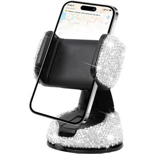 Bling Car Phone Holder, Crystal Rhinestone 360Adjustable Vehicle Windshield Dashboard Cell Phone Stand, Automotive Interior Dash Smartphone Mount for Women Girls, Universal Fit (White)