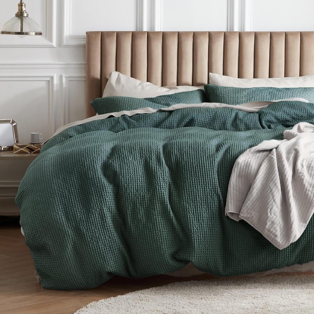 Bedsure Cotton Duvet Cover King - 100% Cotton Waffle Weave Forest Green Duvet Cover King Size, GentleSoft and Breathable Bedding Set for All Season, 3 Pieces, 104"x90" (King (104" x 90"), 13 - Forest Green (No Comforter))