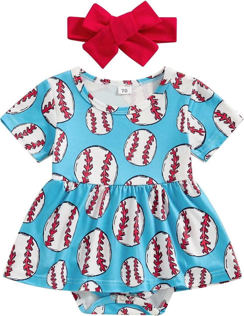 Newborn Baby Girl Baseball Outfit Short Sleeve Romper A Line Baseball Dress Headband Infant Summer Clothes (12-18 Months, Blue)