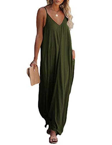 Womens Loose Casual Strappy Sleeveless Long Maxi Summer Dress Pocekts (L, Army Green)