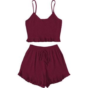 Avanova Women Sexy 2 Piece Pajama Set Ruffle Trim Cami Top and Shorts Sleepwear Set (Red, XS)