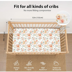 Baby Crib Sheets Girl, Toddler Bed Sheets for 52”x28” Standard Toddler Mattresses, Soft Microfiber Fitted Crib Sheets Neutral Orange Watercolor Flower