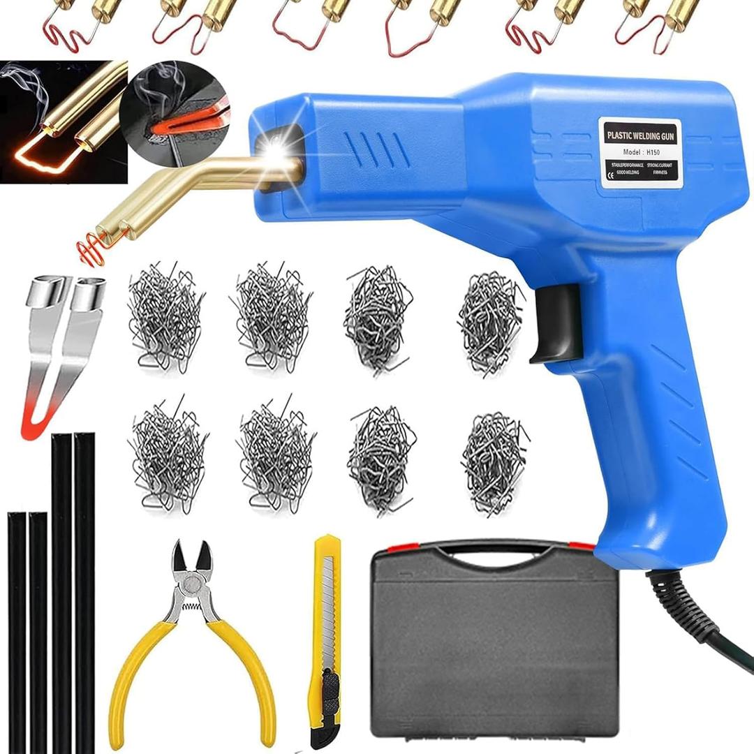 Plastic Welder,2 in 1 Plastic Welding Repair Kit with 1000pcs Hot Staples,4pcs Plastics Welding Rods,knife,Plier, Hot Staples Weld Gun Repair Kit for Car Bumper And Most Plastics(blue)