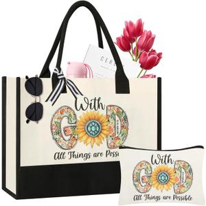 Christian Gifts for Women, Canvas Tote Bag with Makeup Bag