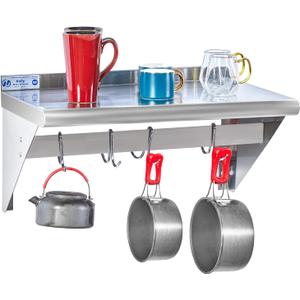 Hally Stainless Steel Shelf with 4 Hooks 14" x 24" Wall Mounted Pot Rack 250lb, NSF Commercial Floating Shelving for Storage Hanging Pots, Pans, cookware in Restaurant, Kitchen, Home and Hotel