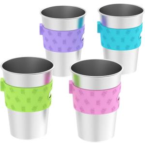 Rich&Ray 12 oz Magnetic Hanging Cups, Reusable Stainless Steel Drinking Cup Hanging on Fridge with Silicone Holder for Water Coolers, 4 Pack
