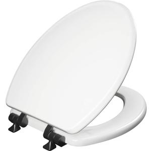 Mayfair Bennett Toilet Seat with Matte Black Hinges, Slow Close Wood Seat, Secure Metal Hinges, Easy Install, Made in USA, Elongated, White