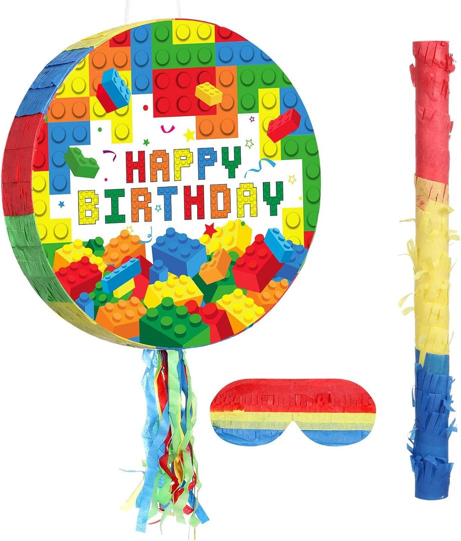 Jexine Birthday Block Piata Set Birthday Building Piata with Blindfold, Bat, Stick Blocks Party Supplies for Carnival Fiesta Party Supplies Event Decoration