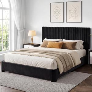 Vipbear Queen Size Bed Frame with Heaboard, Luxury Velvet Upholstered Bed Frame with Wooden Slats Support - Low & Sturdy, Noise-Free, No Box Spring, Easy Assembly, Black