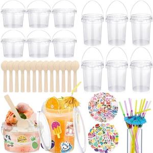7 Pcs 1L 32oz Plastic Cocktail Buckets 750ml Ice Cream Buckets with Disposable Spoons and Straws Summer Theme Stickers for Summer Pool Party Beach Party Supplies