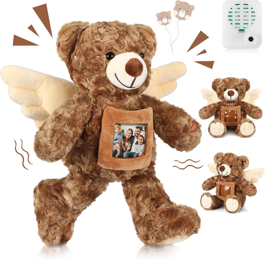 Leyndo 12 Inch Angel Remembrance Bear Plush Stuffed Animal with Recorder Soft Plush Animal Toy with a Picture Frame for Baby Shower Birthday Party Wedding Gift(Dark Brown)