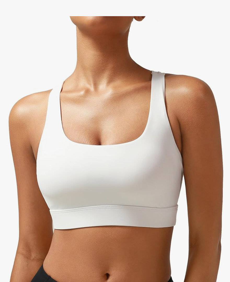 RUNNING GIRL High Impact Sports Bras for Women - Scoop Neck Strappy Sports Bra High Support Moulded Cup Workout Bra, L, White