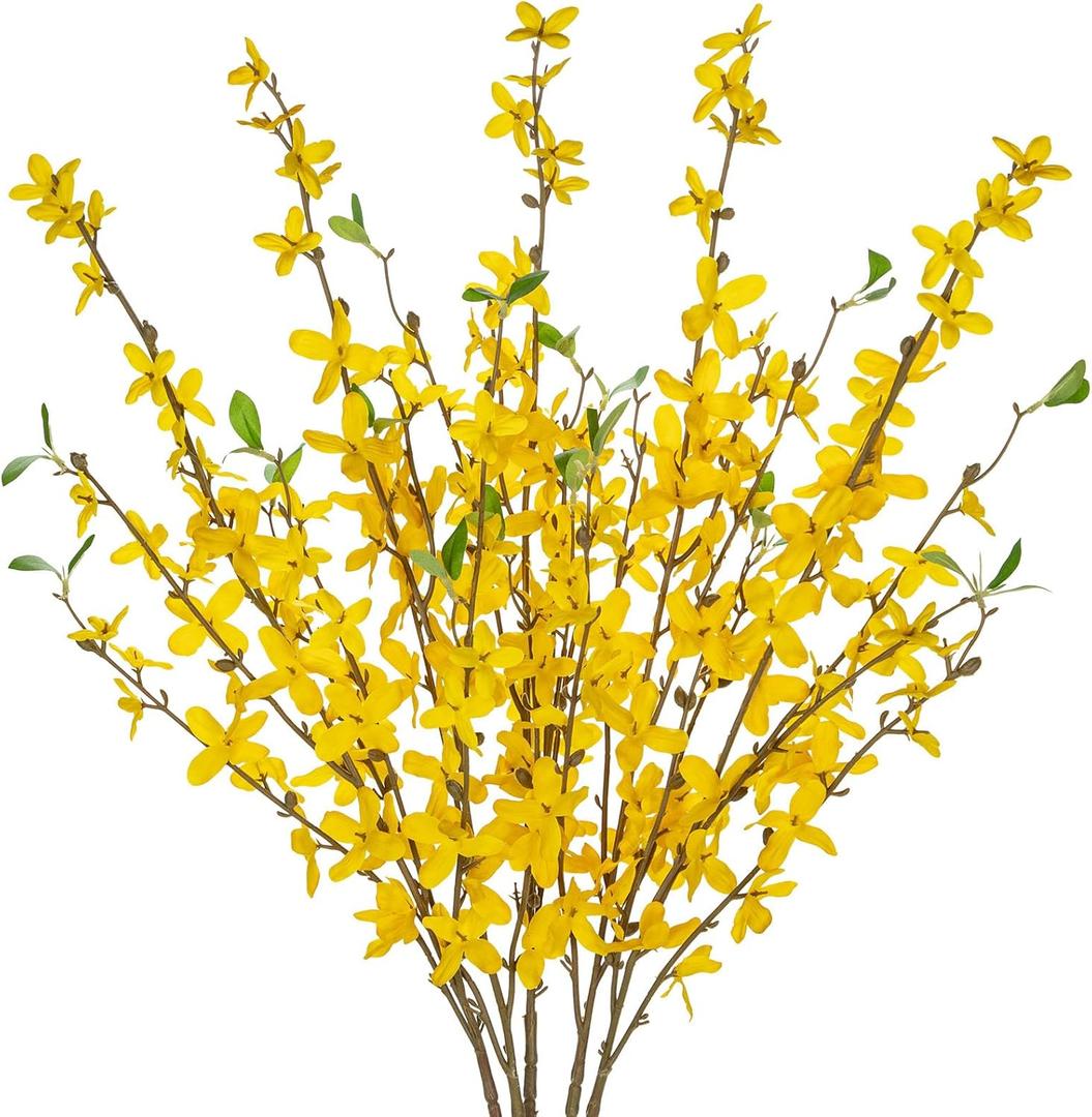 Artificial Forsythia Flowers 31.5" Fake Forsythia Stem 5PCS Silk Yellow Winter Jasmine Branches Artificial Orchids Flower for Home Wedding Indoor Floral Arrangement Kitchen Office Decoration