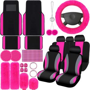 ROCEEI 47 Pcs Car Seat Cover Full Set Car Accessories for Front Rear Seat Fluffy Steering Wheel Cover Belt Automotive Floor Mats Air Conditioner Decoration Strip (Rose Pink)