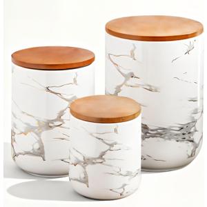 JOJUNO White Ceramic Canister Set with Bamboo Lid  3-Piece Airtight Food Storage Jars for Kitchen Counter  Glossy Marble Design, Ideal for Flour, Sugar, Coffee, Tea, Spice  Small, Medium, Large