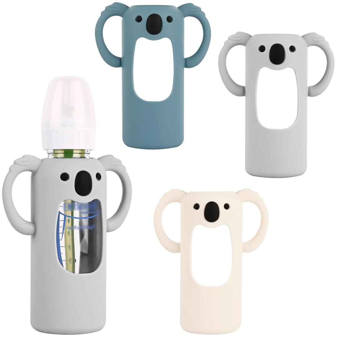 HUAKENER 3 Pack Silicone Sleeves with Handles for Dr Brown's Glass Baby Bottles 8 oz, Anti Breakage Baby Bottle Holder, Compatible with Dr. Brown's Natural Narrow Glass Baby Bottles (Beige+Grey+Blue)