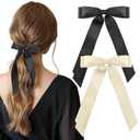 Silky Satin Bow Double Ribbon Hair Clips, 2 Count, Hair Accessory for Women and Girls, Hair Bows for Holiday, Wedding, Party, Everyday Hair Style Decoration, Beige/Black