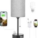 Grey Nightstand Lamps 3 Color Temperatures - 3000K 4000K 5000K Bedside Lamps with USB C and A Ports, Pull Chain Table Lamps with AC Outlet, Small Lamps with Black Metal Base for Sleeping Reading (14.6 in)